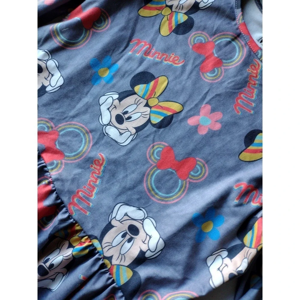 Disney Minnie Mouse Girls Gray Rainbow Bow‎ Long Sleeve Empire Waist Dress XL/XG